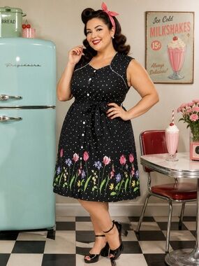 VINTAGE NWT 90s Black Polka Dot Floral Plus Size Dress Contrast Piping Tie belt